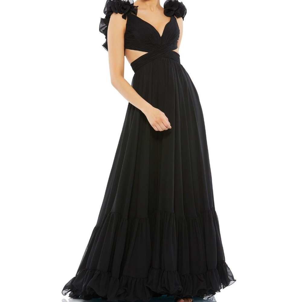 NEW Mac Duggal 67911 Ruffle Tiered Cut-Out Chiffon Gown Black SZ 10 - Picture 2 of 7